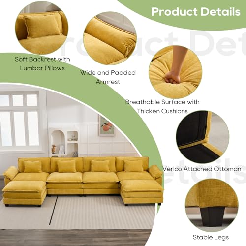Image of Oprisen 154 inch Modular Sectional Sofa, Comfy Cloud Couch Sectional Sofa with Ottoman, Chenille Sofa Sleeper Deep Seat Sofa with Throw Pillows for Living Room (Yellow, 154 inch- U Shape)