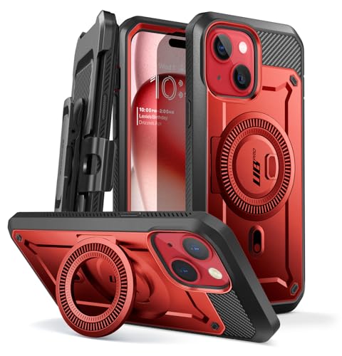 SUPCASE Schutzhülle für iPhone 15/iPhone 14/13 6,1 Zoll, kompatibel mit MagSafe, Rundumschutz, robust, stoßfest [UB Pro Mag] mit Displayschutz, Ständer, Gürtelclip (rot)