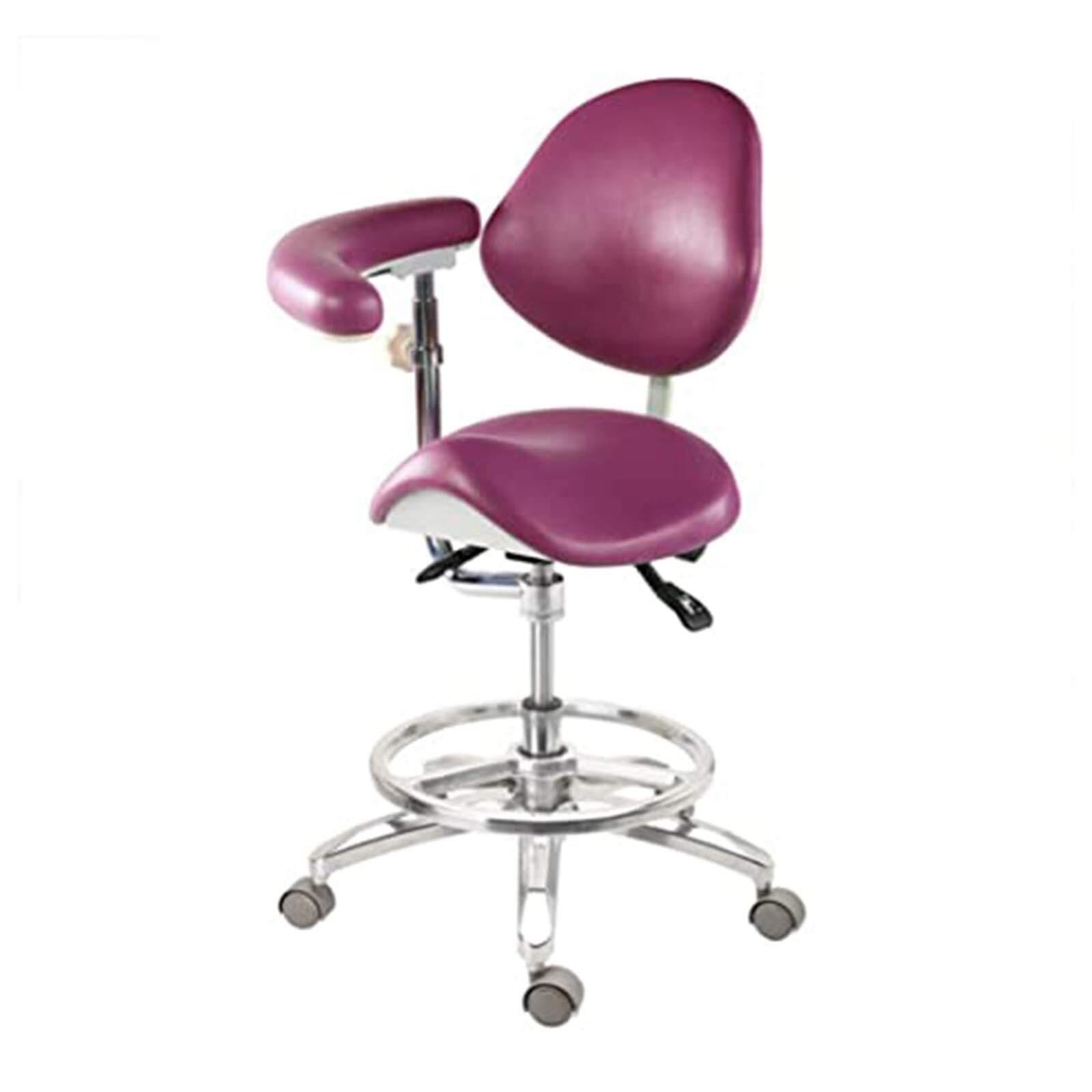 Ergonomiczny taboret siodłowy z regulowanym oparciem i obrotowym podnoszeniem, idealny dla profesjonalistów w zakresie stomatologii, włosów, tatuażu i spa