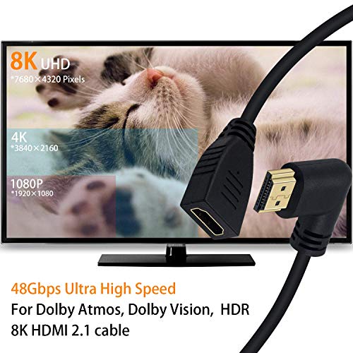Poyiccot 8K HDMI Câble d'extension, court HDMI 90 Degré Angle gauche Hommes à femmes HDMI 2.1 Adaptateur de câble 48Gbps avec 8K 60Hz Vidéo et 3D HDR pour TV/Xbox /PS4 /PS5 (Gauche M/F), 0,5pied