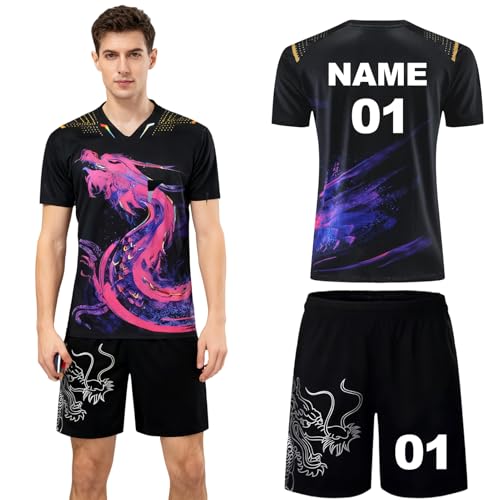 PSKJHN Personalisiertes Tischtennis Trikot Set Herren Damen Kinder-Atmungsaktives Sportshirt Mit Shorts Polyester-Individuelle Customisation Mit Namen, Nummer, Logo-GeschenkideeMen Black,L