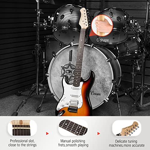 donner 39 inch left-handed electric guitar kit solid body sunburst lefty beginner set full-size with amplifier online lesson bag digital tuner capo strap string cable picks dst-100sl