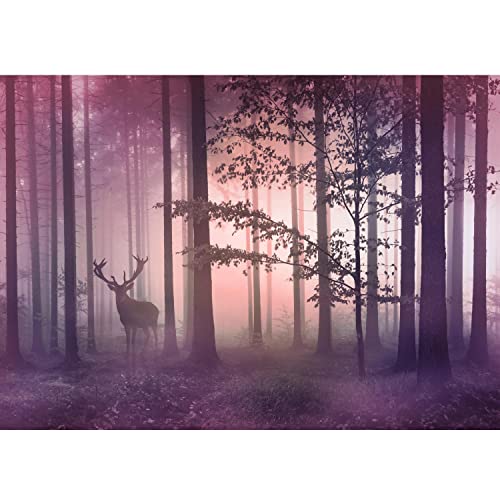 Runa Art Papier peint intissé Forêt brouillard cerf 352 x 250 cm Toison Mur XXL Tableaux Muraux Tapisserie Photo Décoration Murale Salon Chambre rose-mauve...