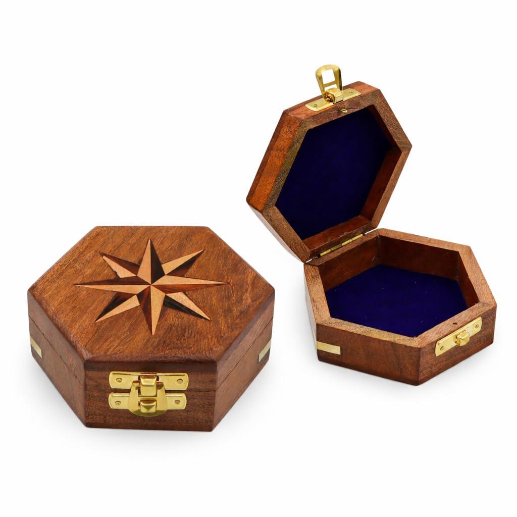 DOLLOND & CO. Handmade Wooden Tree of Life Box, Brass Inlay Jewellery & Keepsake Organizer, Brown Vintage Box Crystals & Gifts, Wood Storage Box (Customisation, Hexagon With Star Box)