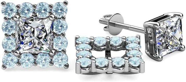 Aquamarine Halo Jackets for Princess Stud Earrings 0.80 ctw 14K Gold