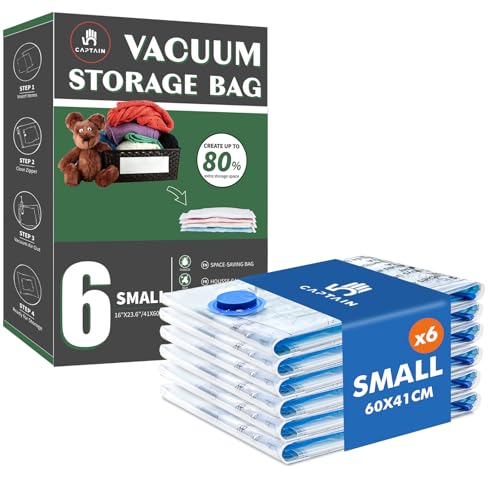CaptainFive Sacchetti Sottovuoto Vestiti Viaggio 6 Pezzi S 60 x 41 cm, Buste Sottovuoto Piccole con Valvola per Aspirapolvere, Sacchi Salvaspazio per Valigia, Bagaglio a Mano, Magliette e Intimo