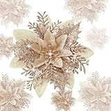 Roqueen 15 Stücke 14CM Künstliche Blumen Weihnachten Poinsettia Glitzer mit Clips Stämme Weihnachten Baum Ornamente für Kranz Party Hochzeit Neujahr Dekoration (Champagner)