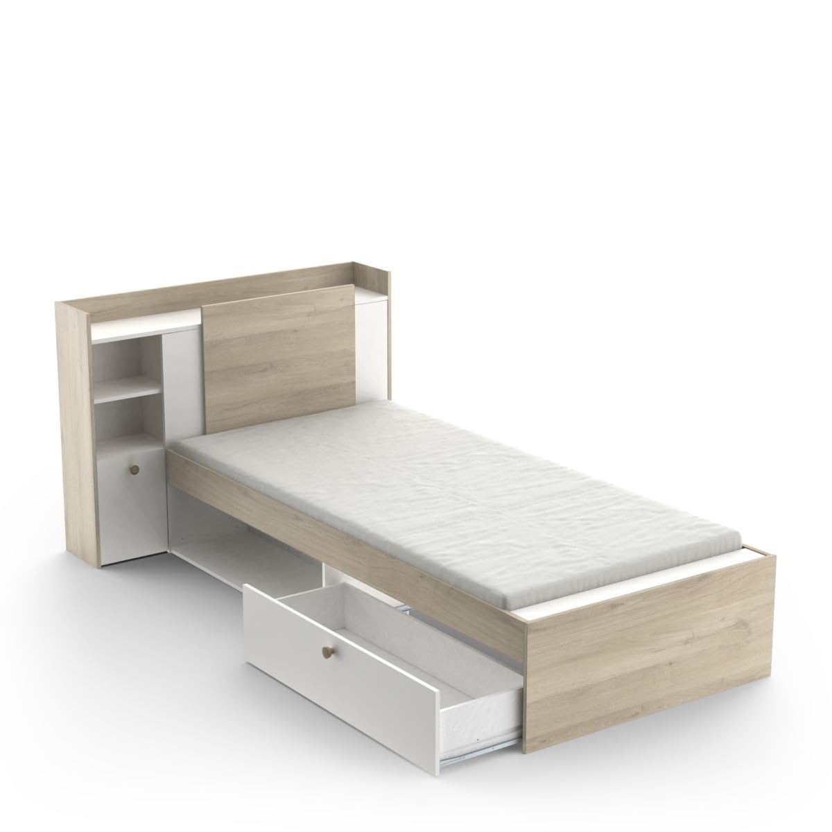 Demeyere Letto Componibile 90 x 190/200 con Contenitore 1 Anta 3 Nicchie 1 Cassetto, Bianco Opaco e Rovere Chiaro, 124.5 x 226.9 x 90.5 cm