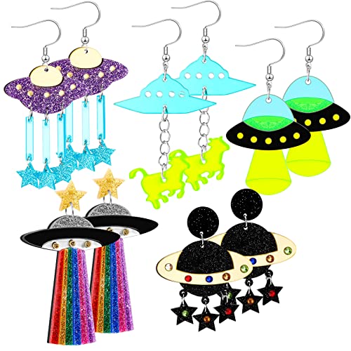 Yinkin 5 Pairs UFO Aliens Space Alien Acrylic Planet Earrings for Women Funky Weird Novelty Crazy Cute Fun Earrings Dangle for Halloween Jewelry