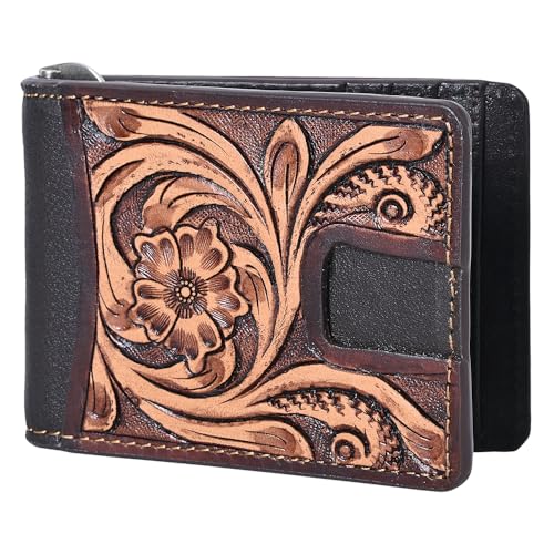 BAR H EQUINE Genuine Leather Rodeo Bifold Money Clip Wallet For Men Women Brown With Floral Hand Carved Tooled