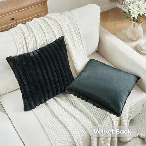 FUTEI Black Striped Decorative Throw Pillow Covers 14x14 Inch Set of 2,Square Fall Decorations Couch Pillow Case,Soft Cozy Faux Rabbit Fur & Velvet Back,Modern Home Decor for Bed