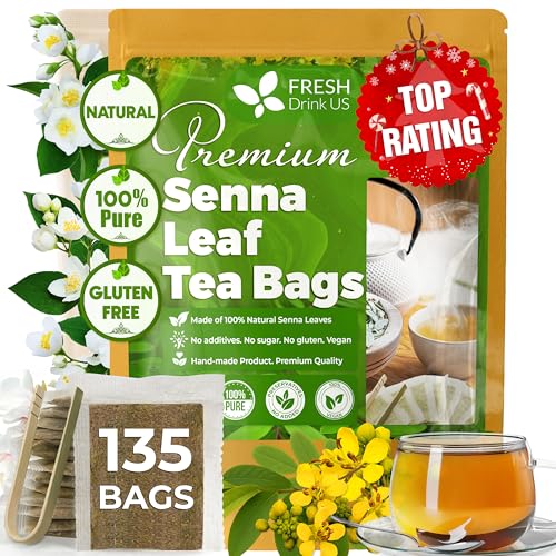 Image of FreshDrinkUS, Premium 135 Senna Leaf Tea Bags for Constipation, Supports Your Cardiovascular System, 100% Natural & Pure. Loose Leaf Senna Herbal Tea, Made with Natural Material Tea Bags. Non GMO, No Sugar / Caffeine / Gluten, Vegan.