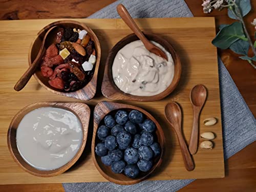 Bestysuperstore 3¾" Mini Acacia Wood Bowl With Tip-Supported Holding In Small Size For Condiments, Dip Sauce, Nuts, Candy, Fruits, Appetizer, And Snacks, Dia 3¾"X 1½" H - Set Of 4 (Free 4 Wood Spoons) #TOP3