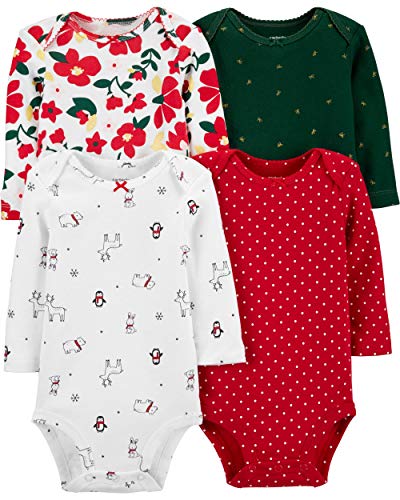 Image of Carter's Baby Girls 4-Pack Long Sleeve Original Bodysuits Holiday (Flowers) (3 Months)