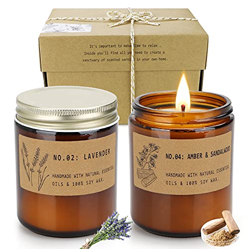Candles for Home Scented, 7.2 oz Long Lasting Soy Wax Aromatherapy Candle, Strongly Fragrance Jar Candles with Gift Box for Women Gift Lavender & Amber Sandalwood Scents, 2 Pieces