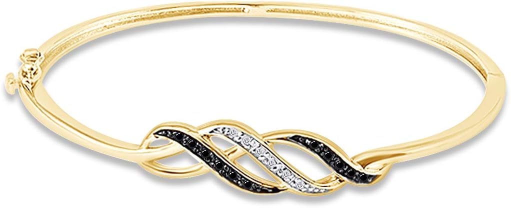 1/10 Carat CT.t.w Round Cut Enhanced Black And White Diamond Twist Design Bangle Bracelet In 14k Gold Plated 925 Sterling Silver (0.10 Carat CTtw)