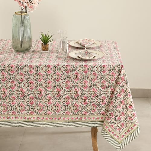 Labhanshi Indian Handblock Print Floral Cotton Rectangle 72x108 Inch 8-Seater Dining Tablecloth|Washable Spring St. Patrick Picnic Outdoor Camping Festive Easter Table Cover|Pink Green
