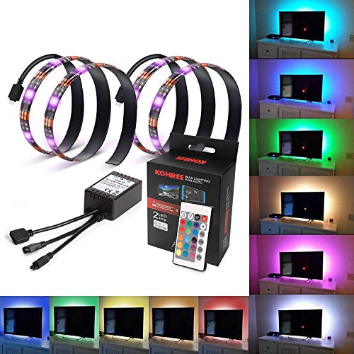 Kohree TV Backlight Bias HDTV USB Powered 2 RGB Multi Color Led Strip with Remote Control Home Theater Accent Lighting Kits (Reduce Eye Fatigue and Increase Image Clarity), Multicolour, Set of 2