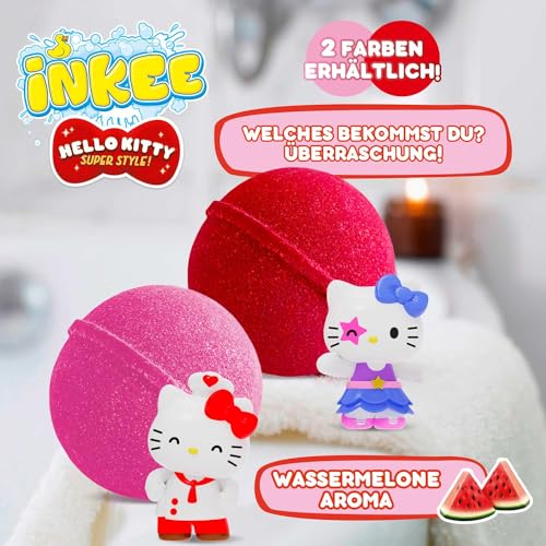 Pack 3 INKEE Hello Kitty - bombas de baño infantiles con sorpresa - 3 de 6 figuras de Hello Kitty para coleccionar - 3x bolas de baño 80g con sabor a sandía y aceite de jojoba, rosa o rojo - imagen 2