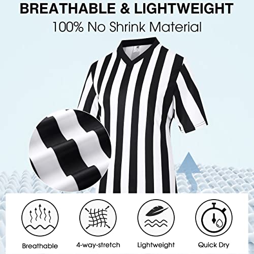 Fitst4 Women's Referee Shirt 3 Pcs Referee Uniform With Yellow Penalty Flag Whistle V-Neck Official Short Sleeve Ref Jersey T Shirt Black & White Stripe For Refs, Waitresses & Costume #TOP2