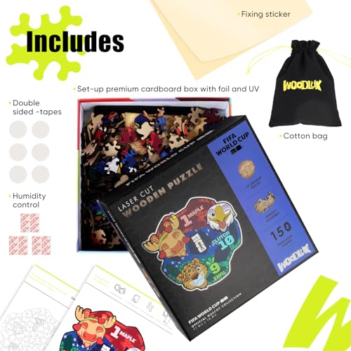 Image of FIFA World Cup 2026 Mascot Wooden Jigsaw Puzzle, 150 Pieces Unique-Shape Collector's Set (Clutch, Maple & Zayu) Official Merchandise - Fun for Kids & Adults, Ideal Soccer Fan Gift, 11.8 x 10.8 Inch