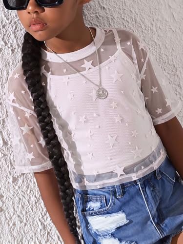Image of BEAUDRM Girl's 2 Piece Set Star Graphic Sheer Mesh Shirt Crew Neck Short Sleeve Crop Top with Camisole