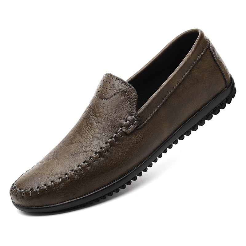 Mens Leather Slip-On Loafers Casual Shoes Soft Driving Moccasins Handmade Breathable Spring Summer Autumn Big Sizes Khaki & Black2