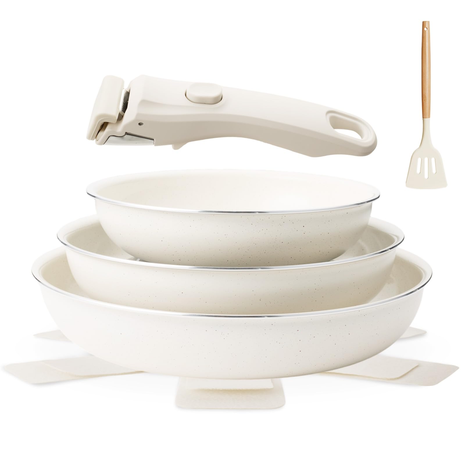 Pfannenset Mit Abnehmbarem Griff, Induktionsgeeignete Keramikpfanne, Ohne PTFE Und PFOA, 7-Teiliges Pfannen Set 20/24/28 cm, Beige