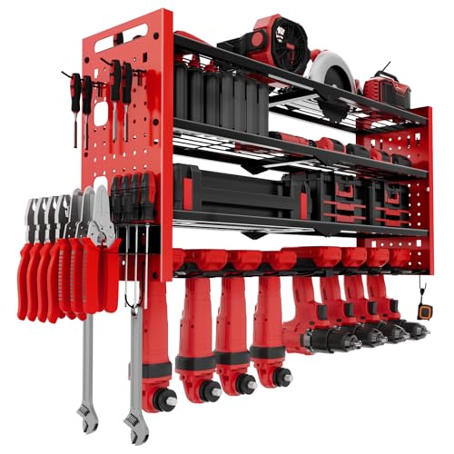 Jellybibo Power Tool Storage, Heavy Duty Wall Mounted Power Tool Organiser, 330Lbs Load 4 Layers Utility Storage Rack with 8 Drill Holders for Drills Cordless Tools for Workshop Garage