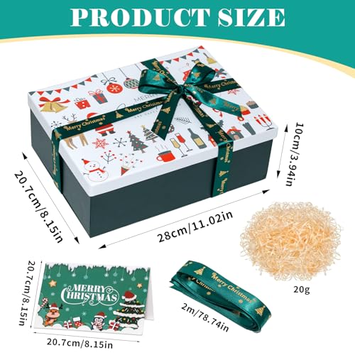 Grün Geschenkbox für Weihnachten Faltbare Geschenkboxen Grün, Geschenkbox mit Deckel Groß mit Schleife und Grußkarte, Geschenk Kartonschachtel 28 x 20.7 x 10 cm, Box grün mit Deckel