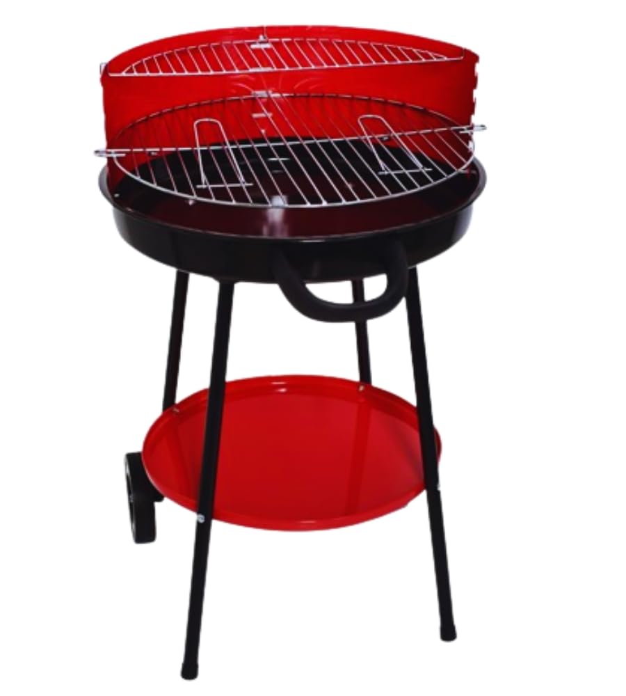 Barbecue Tondo con Ruote e Griglia 50 cm Removibile, Regolabile 59x82x52cm - 4 Posizioni di Cottura Ideale per Fare Carne, Pesce e Altri Alimenti alla Brace, Struttura in Metallo Resistente
