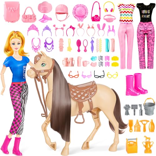 Osllate 60 PCS Doll Horse Set Toy Fashion Blonde Doll(11.5 Inch) in Riding Helemt Doll Accessories & Light Brown Horse with Moveable Head Saddle Bridle and Reins for Ages 3 Years Old & Up