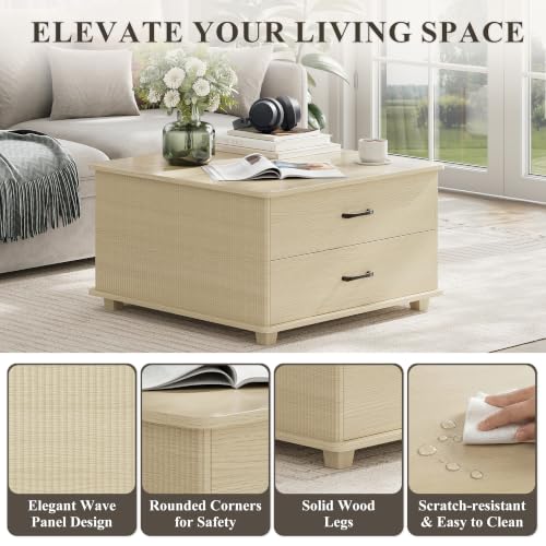 Image of MALOL Storage Coffee Table with 2 Drawers & Flip-Top Lid with Hidden Storage, Modern Fluted Wood Coffee Table, Solid Wood Legs, Square Center Table for Living Room, Light Wood