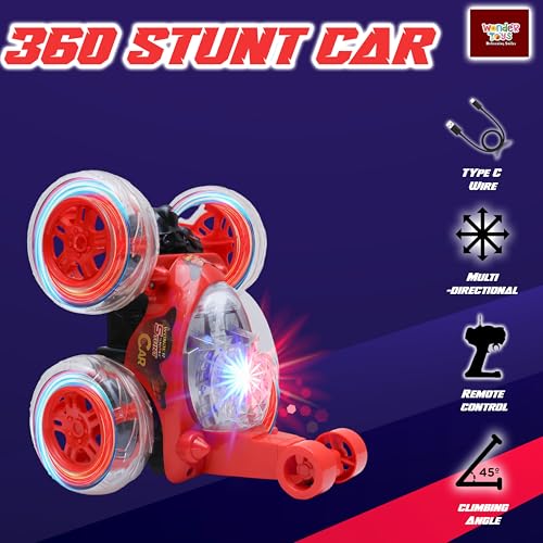 Image of Wonder Stunt Rc Car | Smoke Function and Led Lights | Abs Plastic Body | 360 Degree Spinning Wheels Rechargeable Battery Type C Charging | Remote Control Toy for Kids - Red