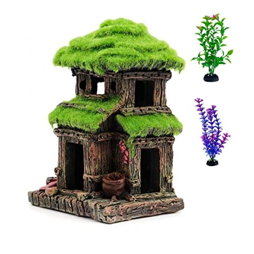 Fish House for Aquarium Aquarium Decorations Fish Hideout Fish Tank House with Lifelike Moss, Come with 2 pcs 4 inch Artificial Aquarium Plants (house1)