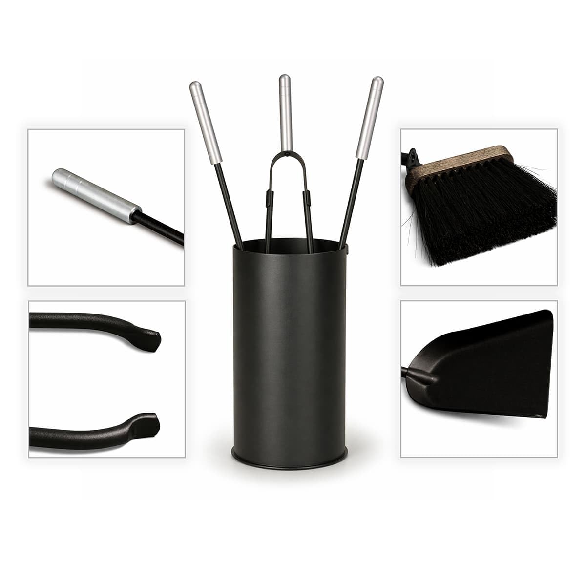 MS Beschläge Kaminbesteck 4-teilig schwarz pulverbeschichtet - Stahl Ofenbesteck mit Behälter & Edelstahlgriffen - Kamingarnitur modern Kamin Zubehör mit Zange Schaufel Besen - Kaminofen-Set elegant
