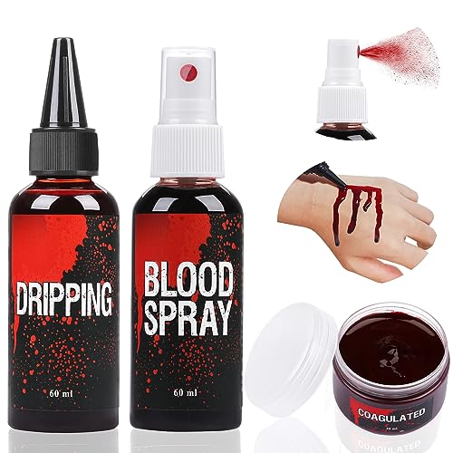 Kunstblut-Set, 60 ml Kunstblutspray und 60 ml tropfendes Blut und 40 ml koaguliertes Gelblut, Halloween Waschbares Kunstblut Make-up für Kleidung, Zombie, Vampir Cosplay & Dress Up (Sets)