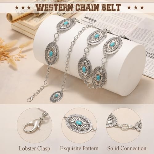 Image of WHIPPY Western Metal Concho Belt for Women Vintage Cowgirl Boho Turquoise Chain Belts for Dresses Jeans
