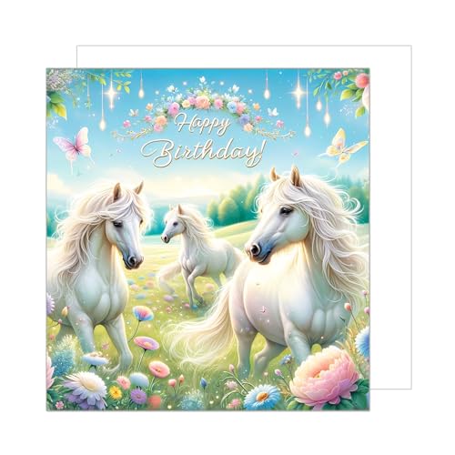 Edition Seidel Carte d'anniversaire carrée de qualité supérieure avec enveloppe. Carte de vœux Happy Birthday pour pour la fils filles enfant motif chevaux...