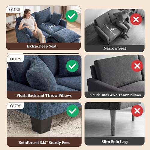 Image of Loveseat Sofa with Ottoman, Cloud 3-Layer Cushion, 27 inch Deep Seat Love Seat Small Couch with 2 Pillows for Small Spaces, Bedroom, Apartment, Office, Living Room, in a Box, 50-Inch Blue