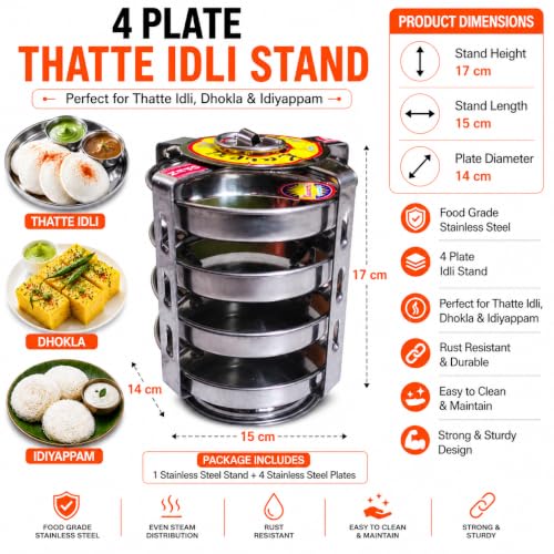 Image of Thatte Idli Maker Stainless Steel | dhokla maker | idiyappam, pan cake maker | 4 plates with heavy stand