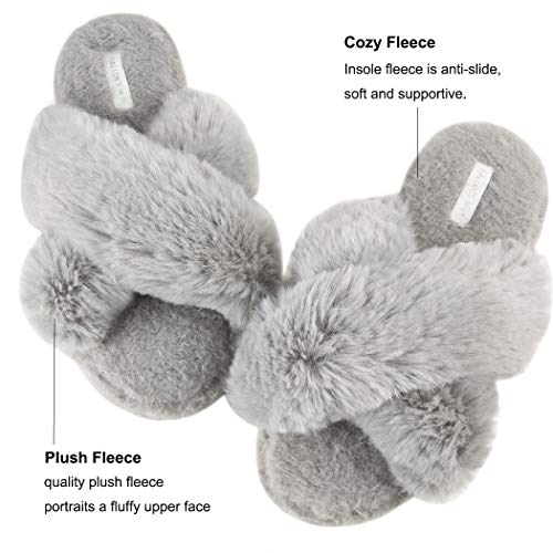 HALLUCI Women's Cross Band Soft Plush Fleece House Indoor or Outdoor Slippers2