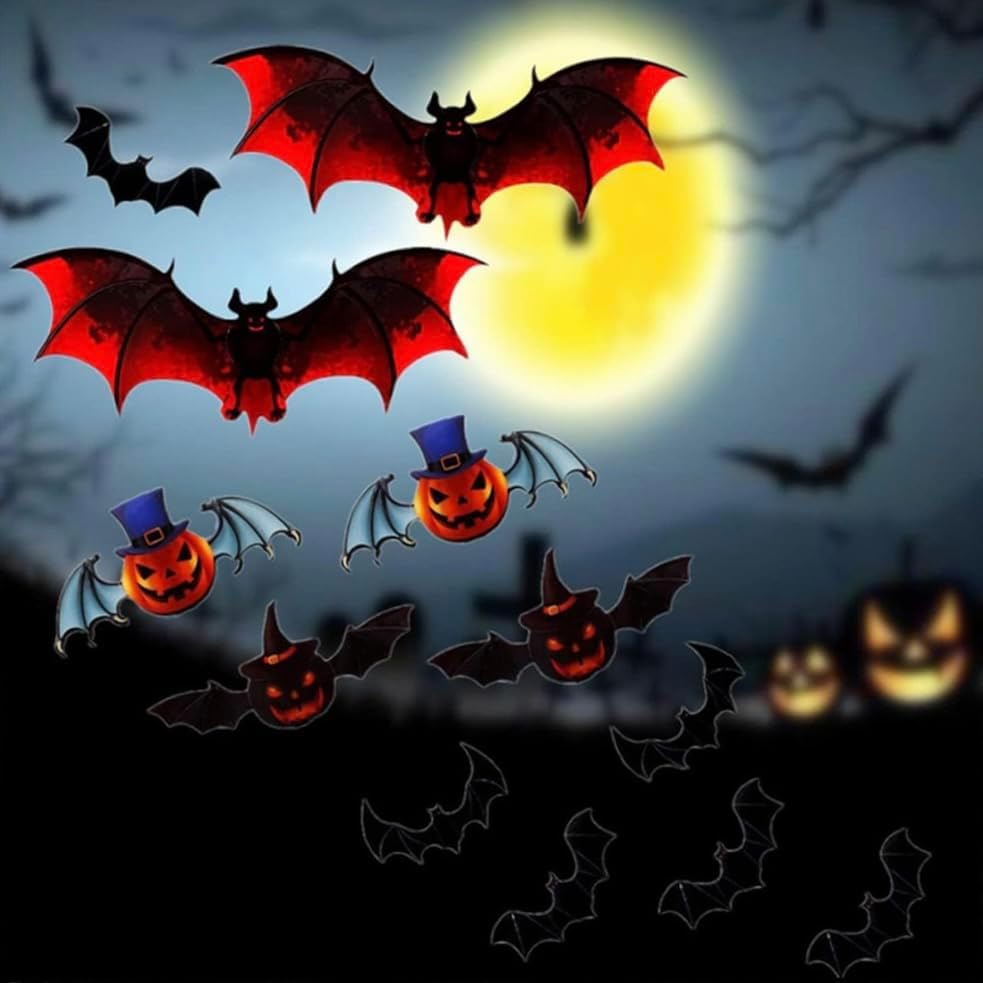 Vista 2 de 93 piezas de decoración de murciélagos de Halloween, 7 tamaños diferentes de murciélagos 3D, decoración de pared reutilizable de PVC negro y rojo