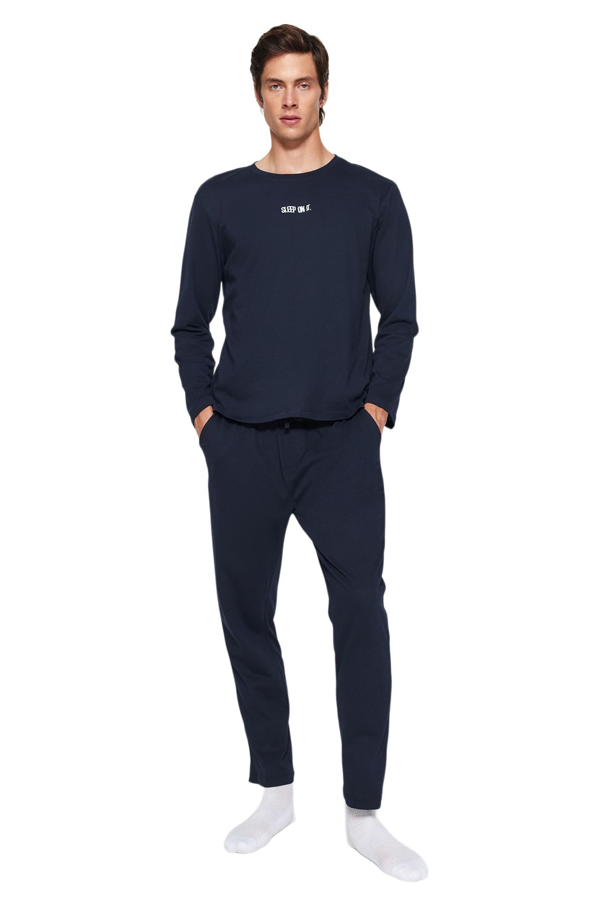 Trendyol Herren Navy Motto Lange Ärmel Freizeitkleidung Regulär Pyjama-Set