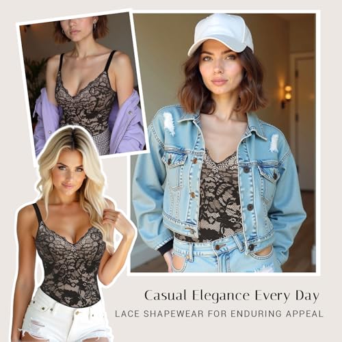Lace Shapewear Bodysuit for Women V Neck Seamless Tummy Control Bodysuit Adjustable Straps Sculpting Thong Body Shaper2