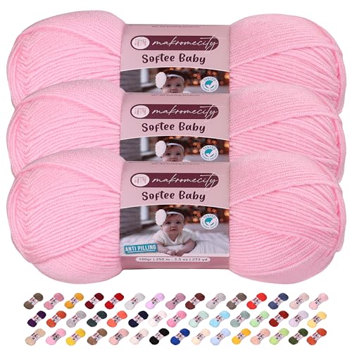 Image of 3 Skeins of Makromecity Softee Baby Yarn,%100 Premium Anti-Pilling Acrylic, 3.5 Oz, 273 yd (100gr /250 mt) Each, Soft Yarn for Crocheting and Knitting (Baby Pink, 3 Skeins)
