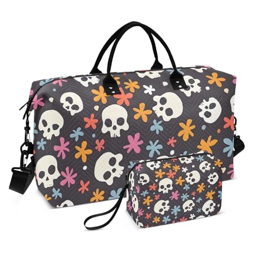 Bolaz Duffle Bag for Travel-Skulls and Flower，Weekender Overnight Bag with Wet Pocket for Women，Large Carry On Airport Bag with Toiletry Bag