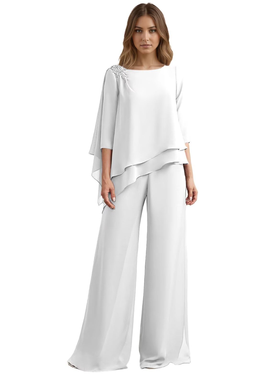 2 Pieces Mother of The Bride Pant Suits Beaded 3 4 Sleeves Tiered Chiffon Formal Evening Pantsuit Outfits