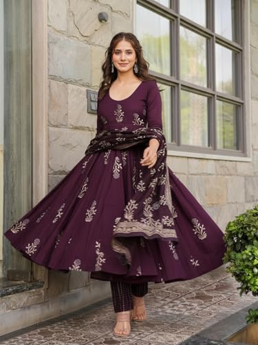 Image of ANNI Designer Women's Rayon Blend Anarkali Printed Kurta with Pant & Dupatta | Ethnic Kurta Pant Dupatta Set for Women | Traditional Indian Wear Outfit