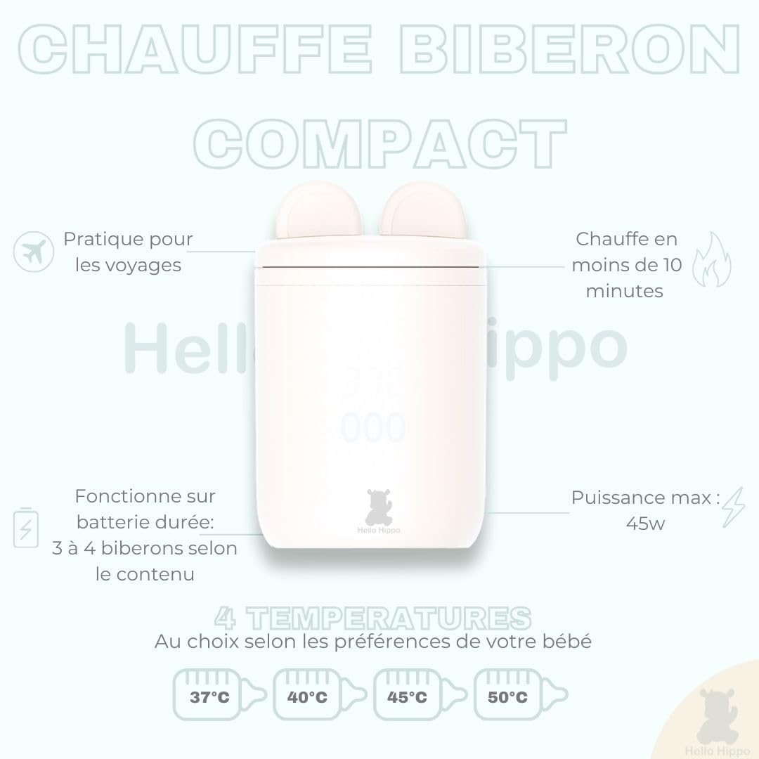 Hello Hippo - Chauffe-biberon Compact et Portable : USB-C Rechargeable, Anti-Fuite, Compatible avec Philips Avent, MAM, NUK | 4 Températures Réglables | Chauffage Rapide et Efficace